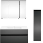 Moderne Badkombination mit Spiegelschrank, Waschbeckenunterschrank und hohem Seitenschrank in Frontansicht