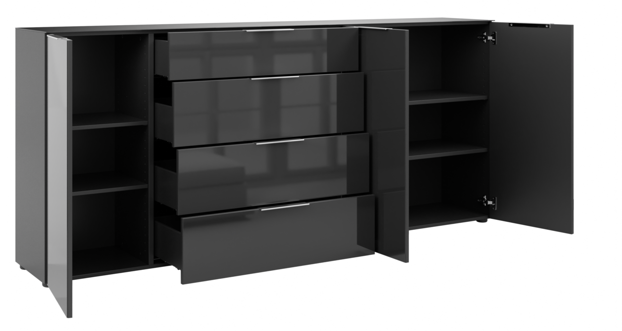 Schwarzes XXL-Sideboard mit offenen Schubladen und Türen, seitliche Perspektive