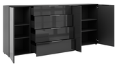 Schwarzes XXL-Sideboard mit offenen Schubladen und Türen, seitliche Perspektive