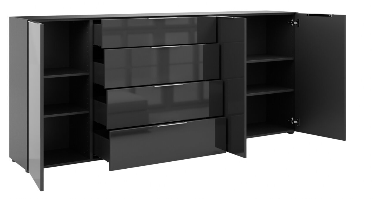 Zwart XXL-dressoir met open lades en deuren, zijaanzicht