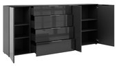 Schwarzes XXL-Sideboard mit offenen Schubladen und Türen, seitliche Perspektive