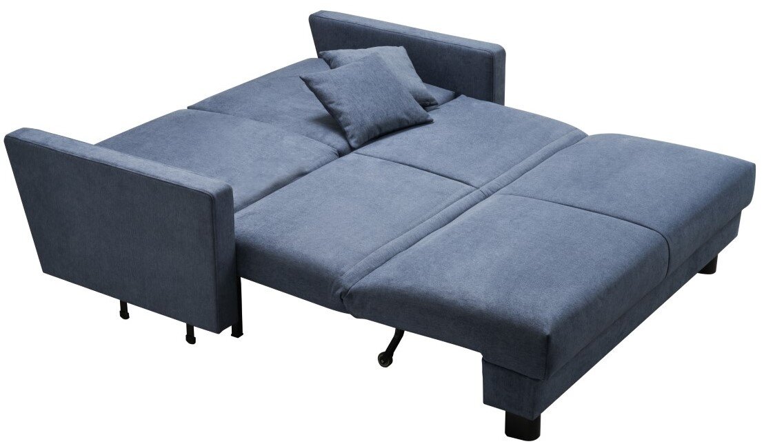 Blaues Funktionssofa in ausgeklappter Position mit Kissen, seitliche Perspektive