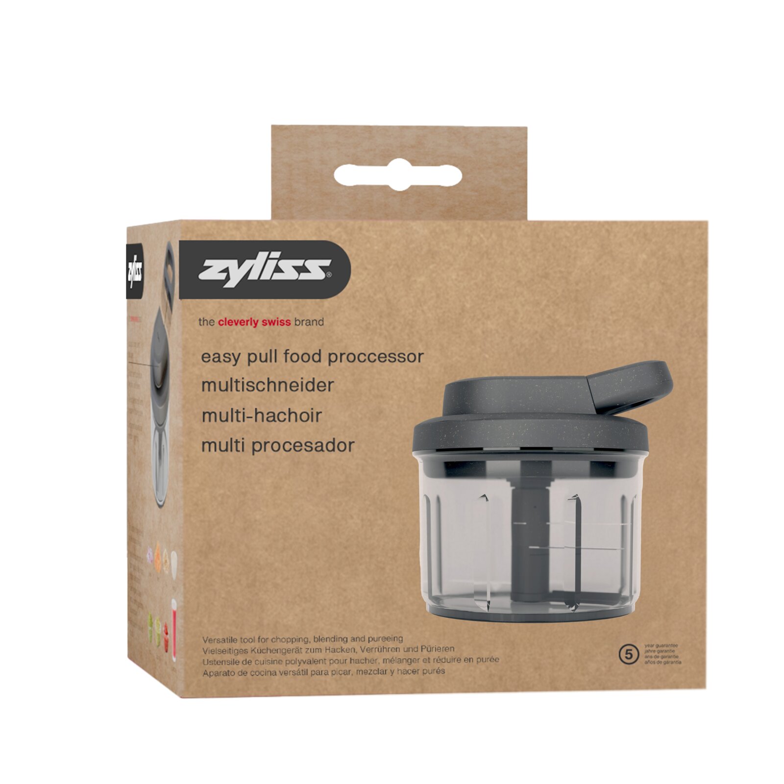 Zyliss Easy Pull foodprocessor/multisnijder in verpakking met transparante kom en donkergrijs deksel, frontaanzicht in lichte hoek (3/4)