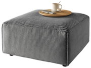 Grauer Hocker mit gerippter Oberfläche, darauf ein Tablett mit Tasse und Löffel, seitliche Perspektive