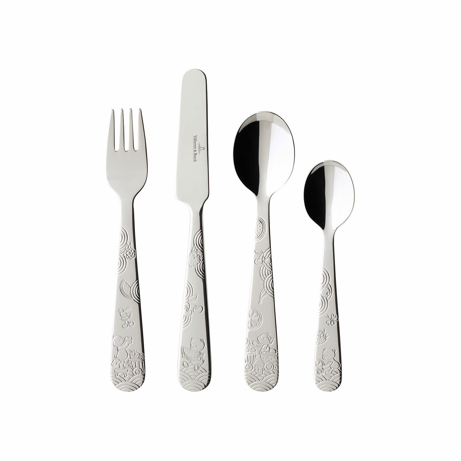 Villeroy & Boch Kinderbesteck 4-tlg. HUNGRY AS A BEAR Kinderbesteck-Set Hungry Bear, bestehend aus Gabel, Messer, großem und kleinem Löffel, mit Bärenmotiven, Vorderansicht.