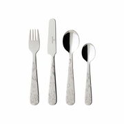 Kinderbesteck-Set Hungry Bear, bestehend aus Gabel, Messer, großem und kleinem Löffel, mit Bärenmotiven, Vorderansicht.