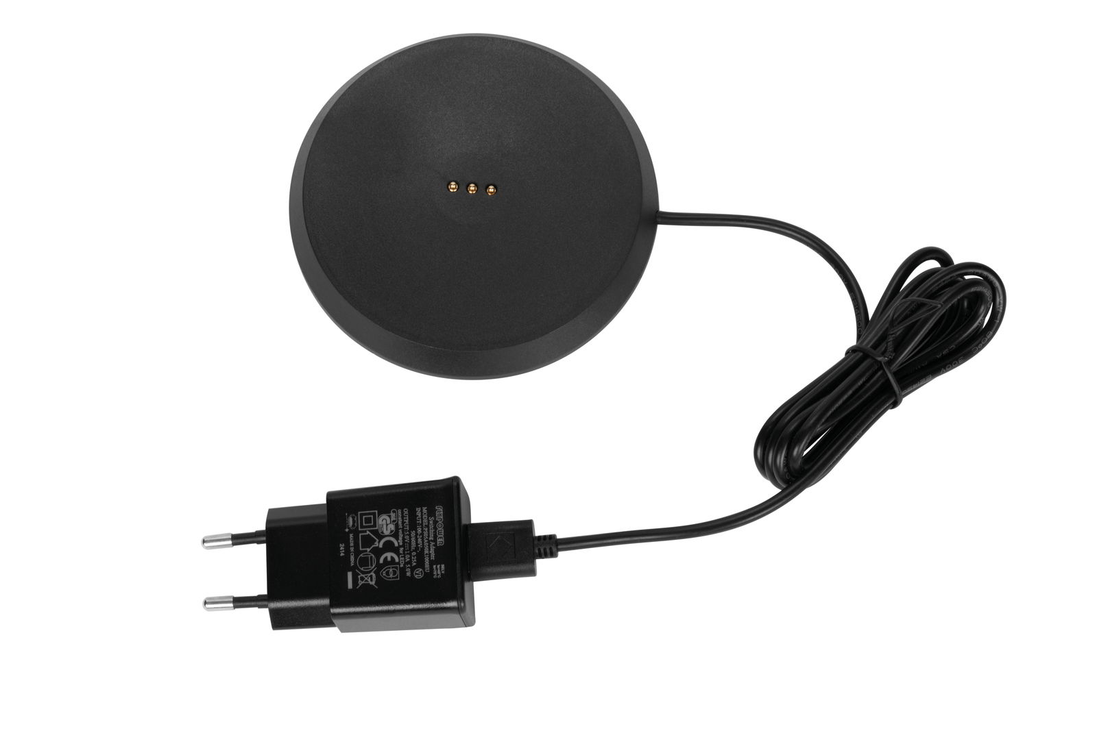 Schwarzes Ladegerät mit rundem Sockel und Kabel, Draufsicht
