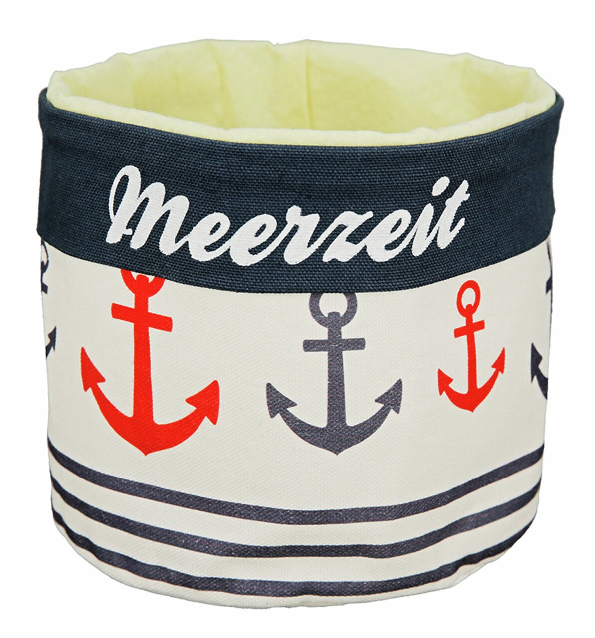 Stoffkörbchen mit maritimem Design, Anker-Muster und Aufschrift 'Meerzeit', Vorderansicht