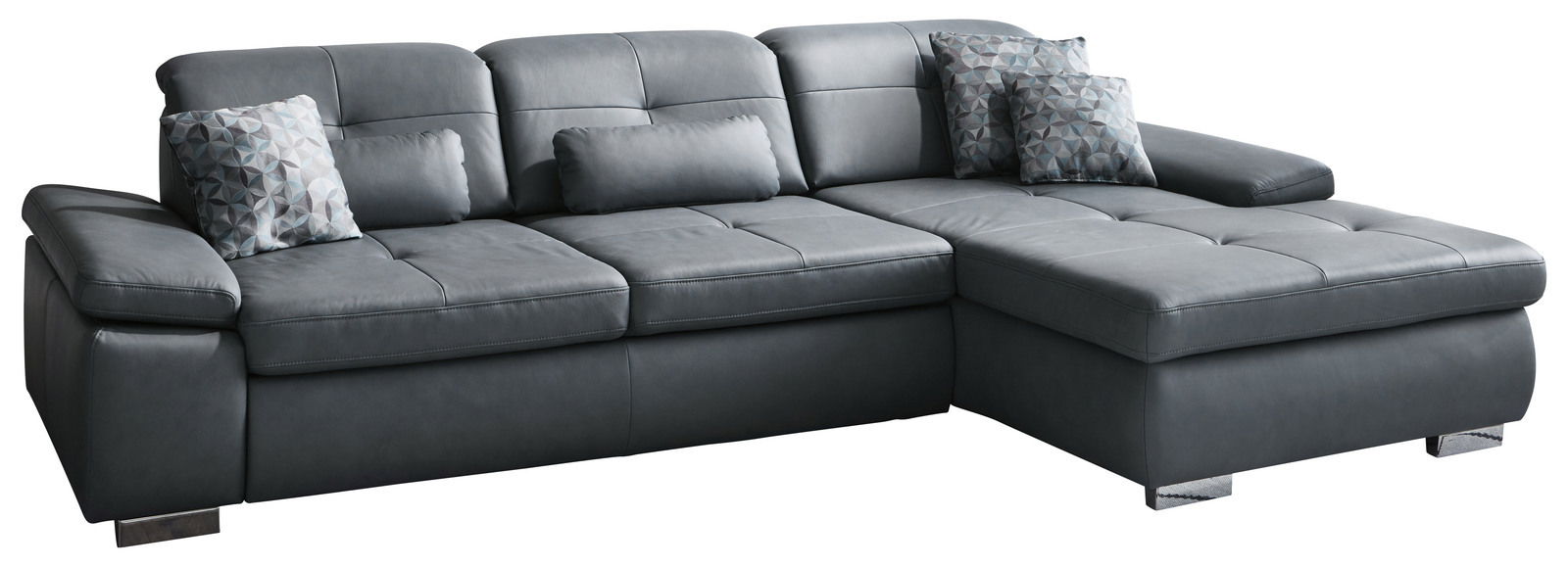 Graues Longchair-Sofa mit Kissen, seitliche Perspektive