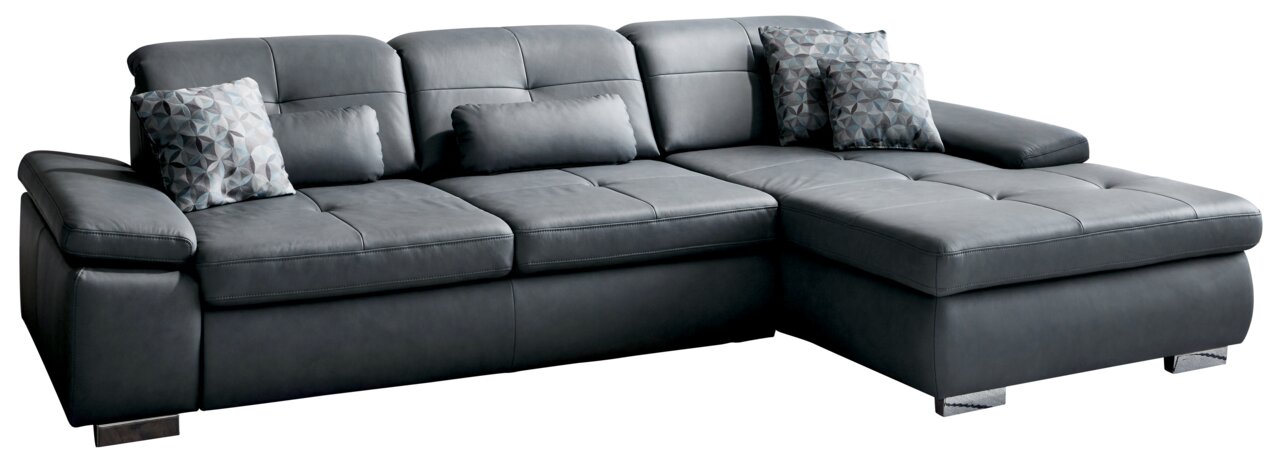 Graues Longchair-Sofa mit Kissen, seitliche Perspektive