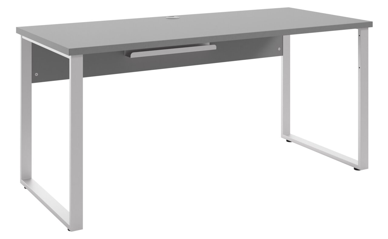Moderner grauer Schreibtisch mit Metallbeinen, seitliche Perspektive