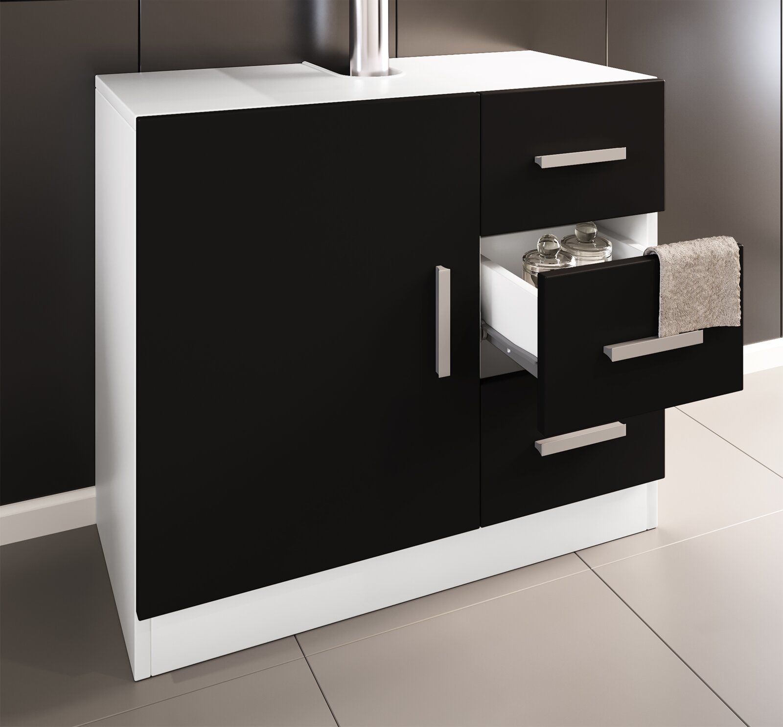Modernes Badezimmer-Waschbecken-Unterschrank in Weiß mit schwarzen Fronten, Tür links und drei Schubladen rechts (eine geöffnet), Metallgriffen und Handtuch; Ansicht schräg von vorn rechts