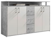 Modernes Sideboard in grauer und weißer Optik mit vier Türen und vier Schubladen, frontal abgebildet.