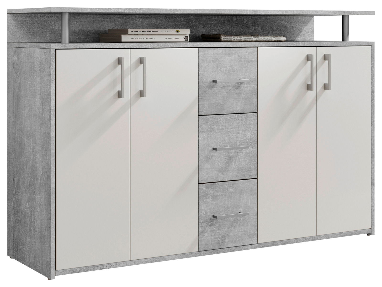 Modernes Sideboard in grauer und weißer Optik mit vier Türen und vier Schubladen, frontal abgebildet.