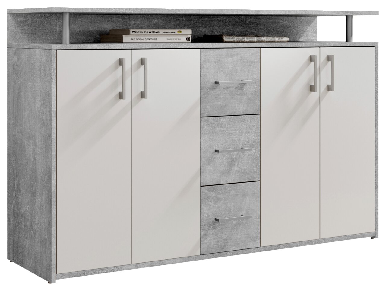 Modernes Sideboard in grauer und weißer Optik mit vier Türen und vier Schubladen, frontal abgebildet.