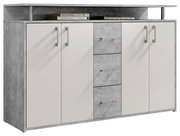 Modernes Sideboard in grauer und weißer Optik mit vier Türen und vier Schubladen, frontal abgebildet.