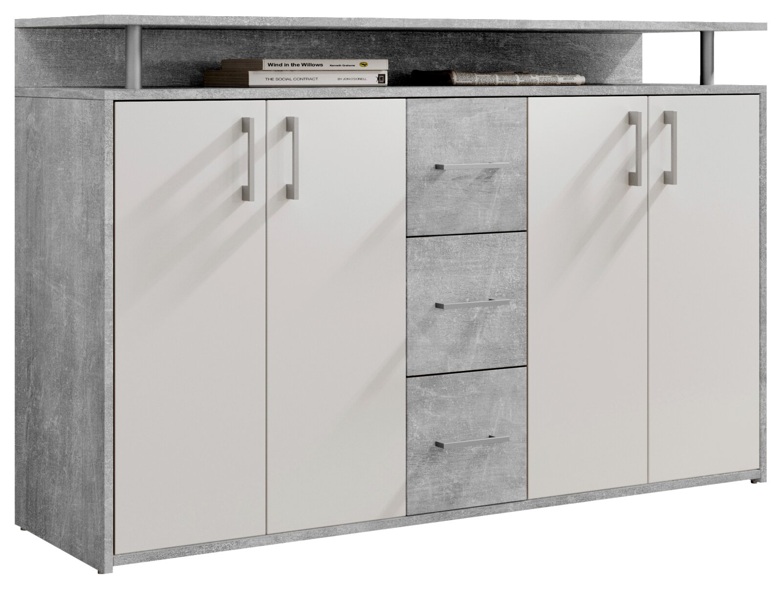 Modernes Sideboard in grauer und weißer Optik mit vier Türen und vier Schubladen, frontal abgebildet.