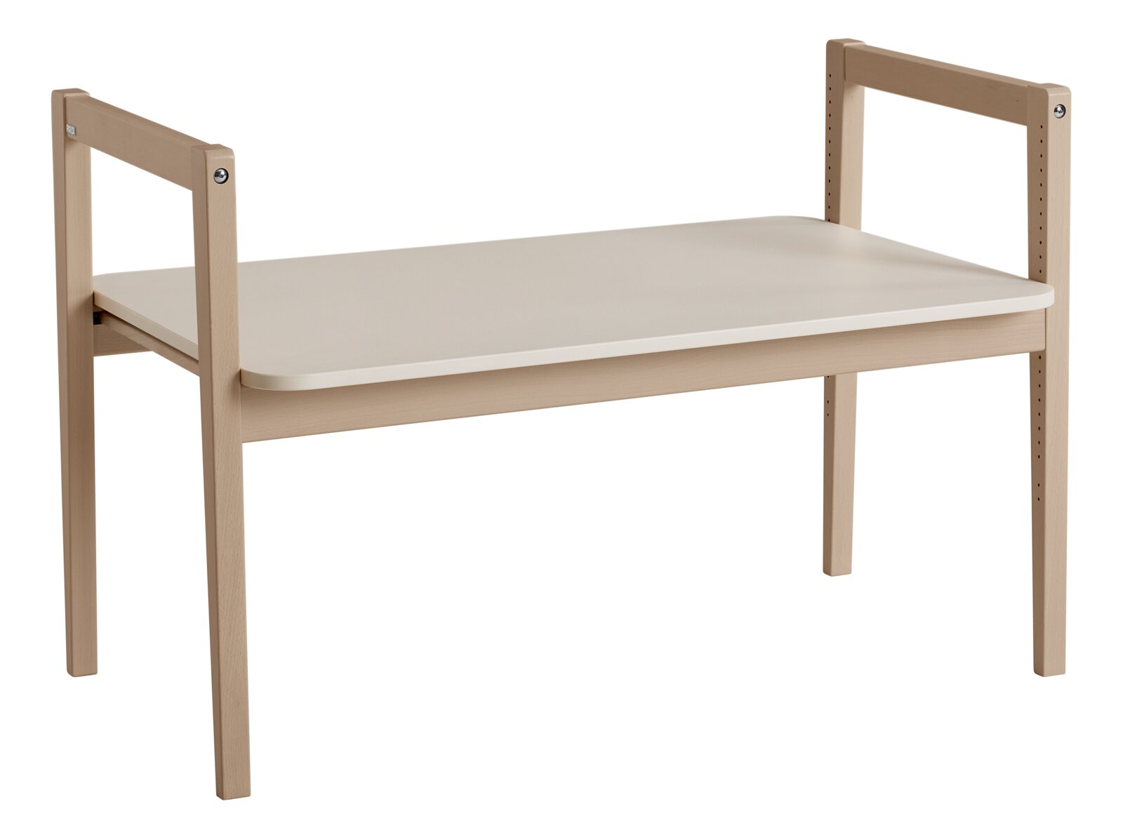 Tafelblad Tiny Table van licht hout met een wit oppervlak, zijaanzicht