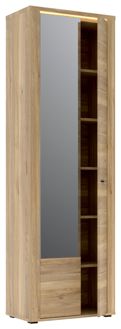 Garderobenschrank aus Holz mit Spiegel und offenen Regalfächern, seitliche Perspektive