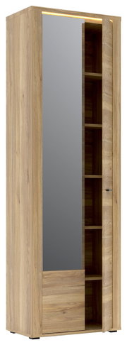 Garderobenschrank aus Holz mit Spiegel und offenen Regalfächern, seitliche Perspektive