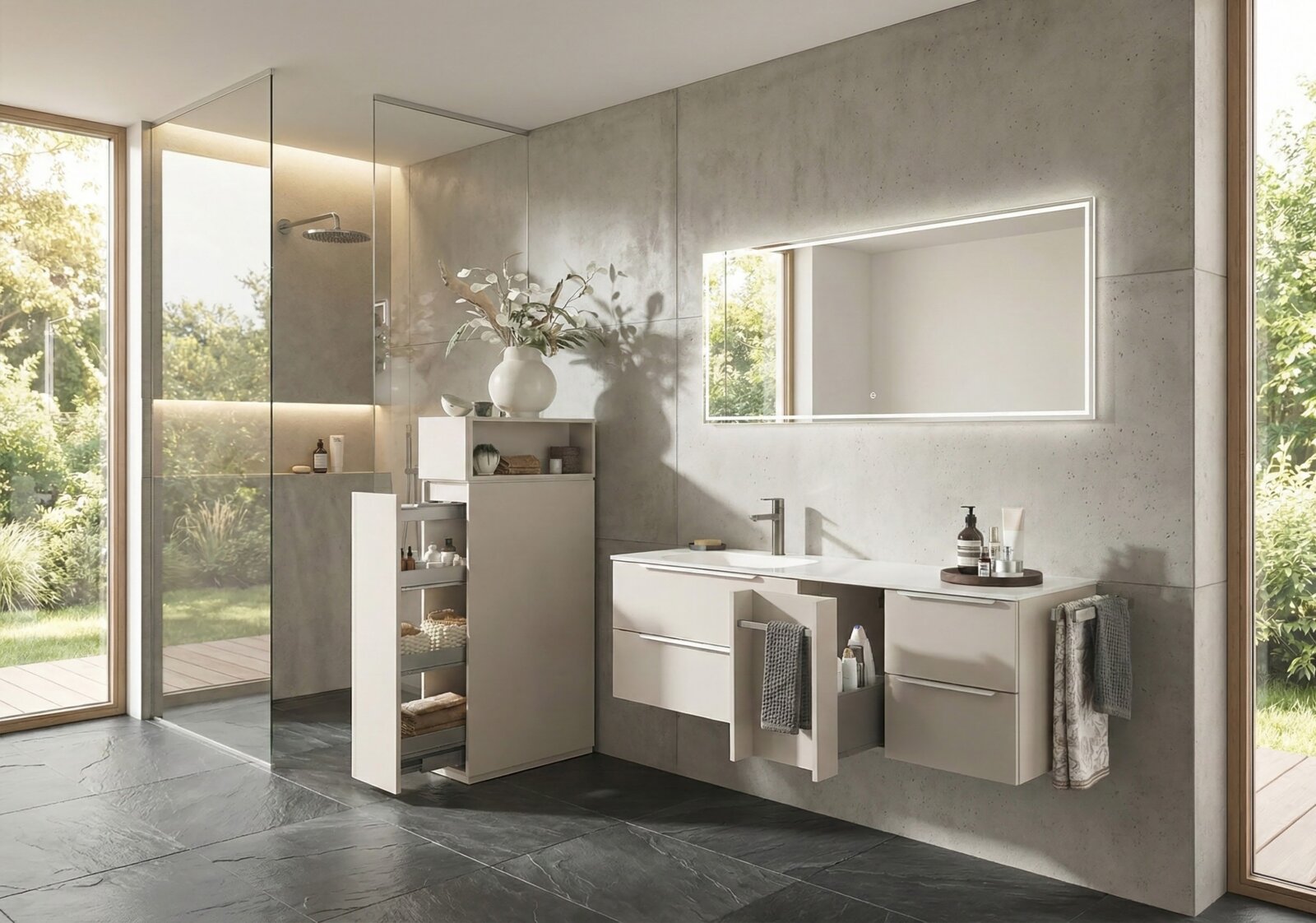 Novel Vlakke spiegel NV.021 Moderne badkamer met een witte, aan de muur bevestigde wastafel met lades, een spiegel met ledverlichting en een hoge opbergkast naast een glazen douchecabine; aanzicht van voren vanuit een licht schuin perspectief.