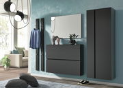 Moderner Eingangsbereich mit hängendem Schuhschrank, Garderobenpaneel und Spiegel in dunklem Design, seitliche Perspektive.