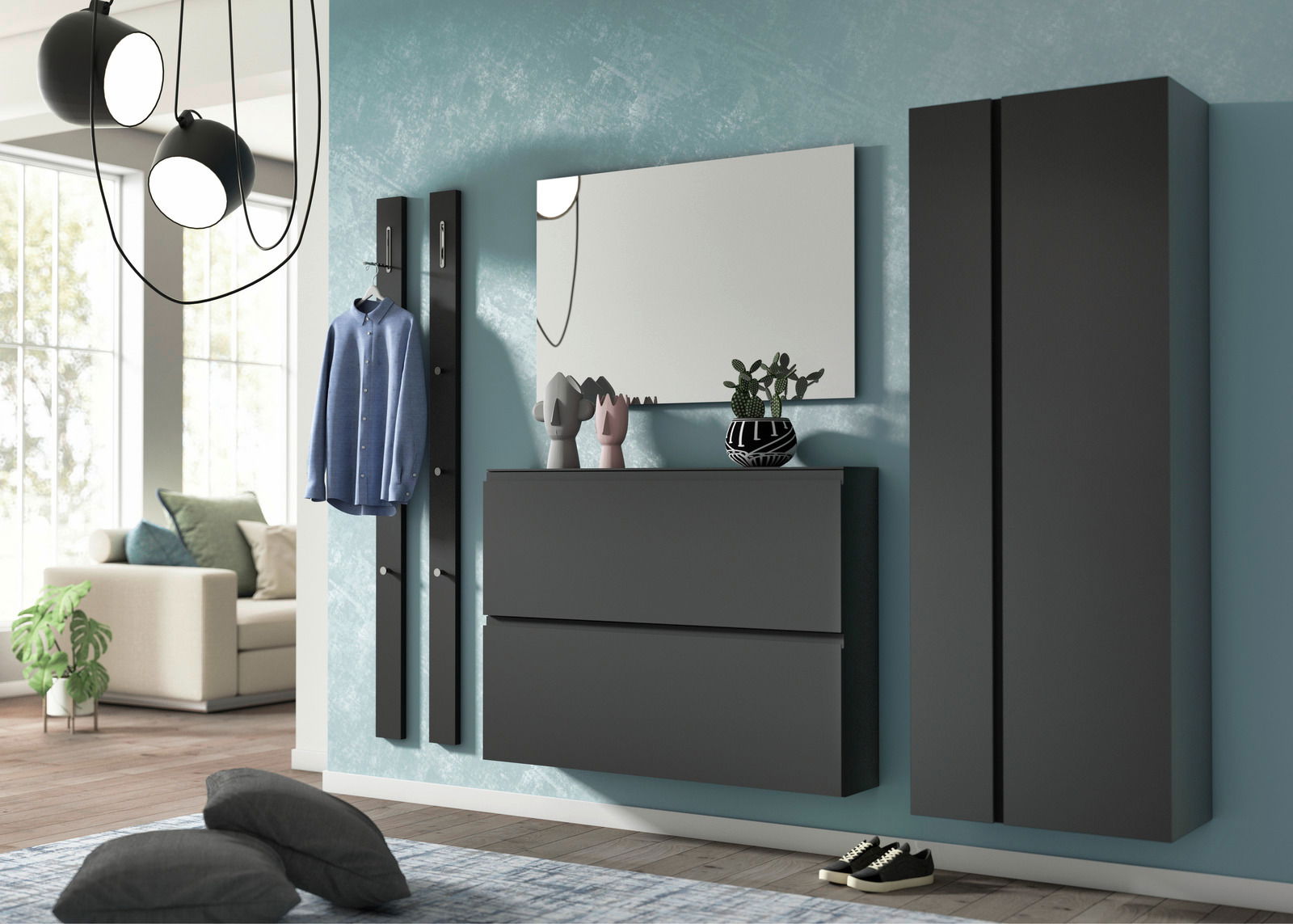 Moderano Hänge-Garderobenschrank LECCO Moderner Eingangsbereich mit hängendem Schuhschrank, Garderobenpaneel und Spiegel in dunklem Design, seitliche Perspektive.