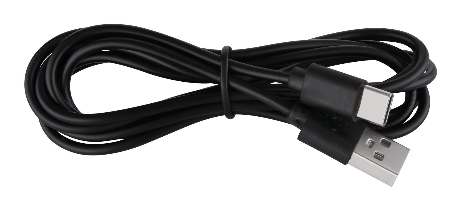 Schwarzes USB-Kabel mit USB-A- und USB-C-Stecker, von oben fotografiert.