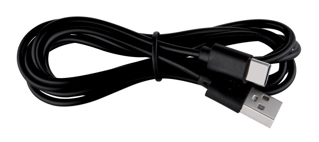 Schwarzes USB-Kabel mit USB-A- und USB-C-Stecker, von oben fotografiert.