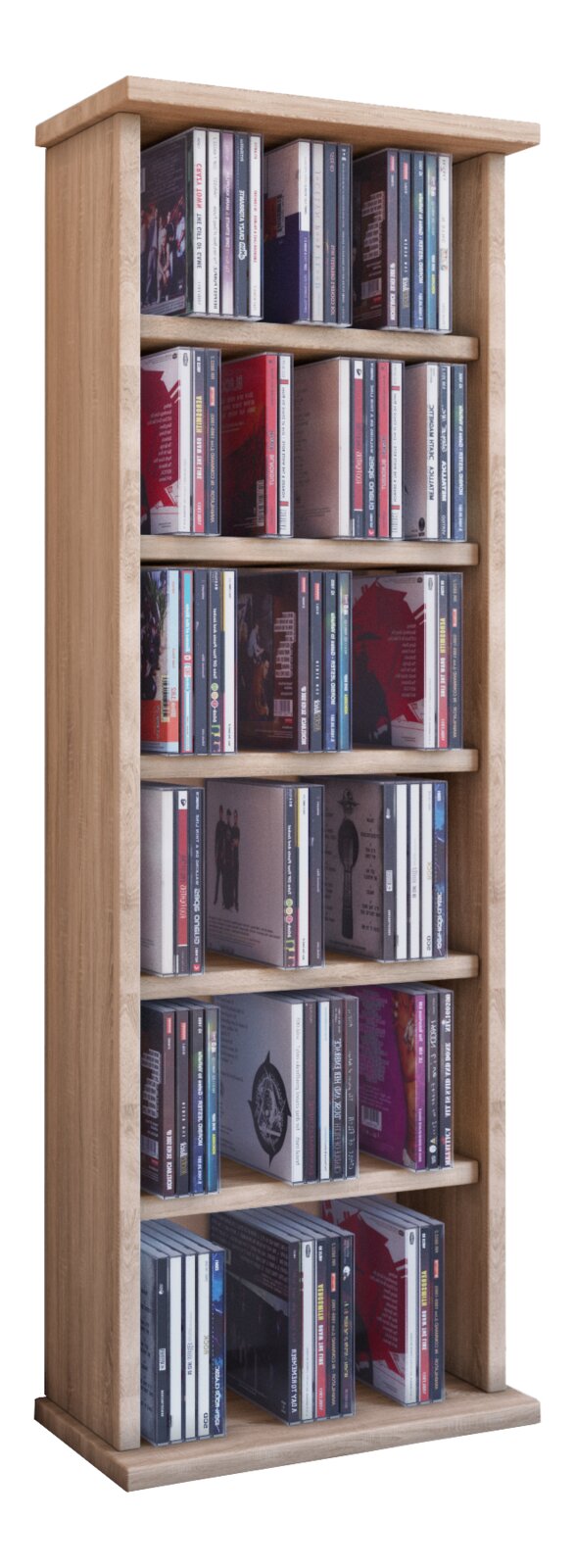 Schmales CD-Regal aus hellem Holz mit mehreren Ablagefächern, gefüllt mit CDs frontale Ansicht leicht von links.