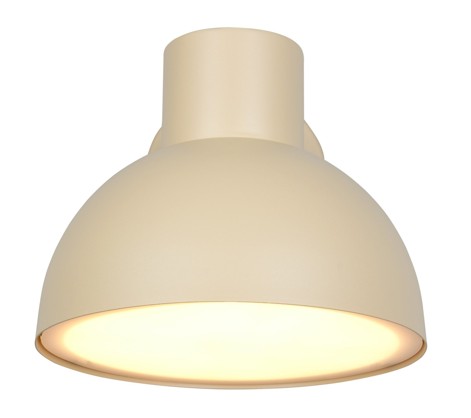 Beige buitenwandlamp in close-up, van onderaf gezien, met een rond, schaalvormig ontwerp en warm licht.