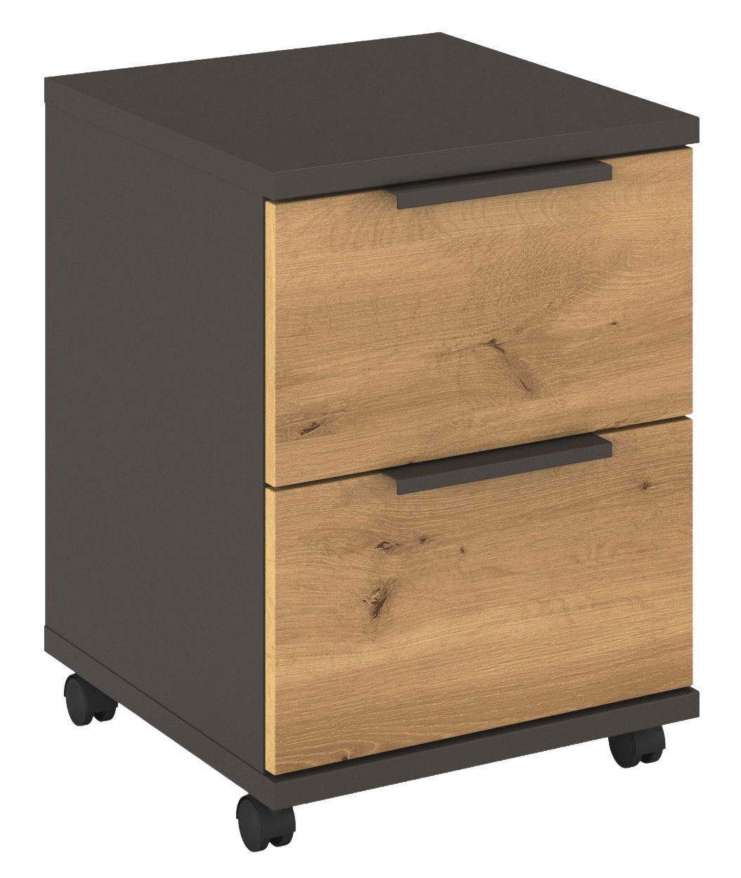 XORA Rollcontainer ENDORA-F Rollcontainer mit zwei Schubladen in Holzoptik und dunklem Rahmen, auf Rollen, perspektivische Ansicht von vorne links