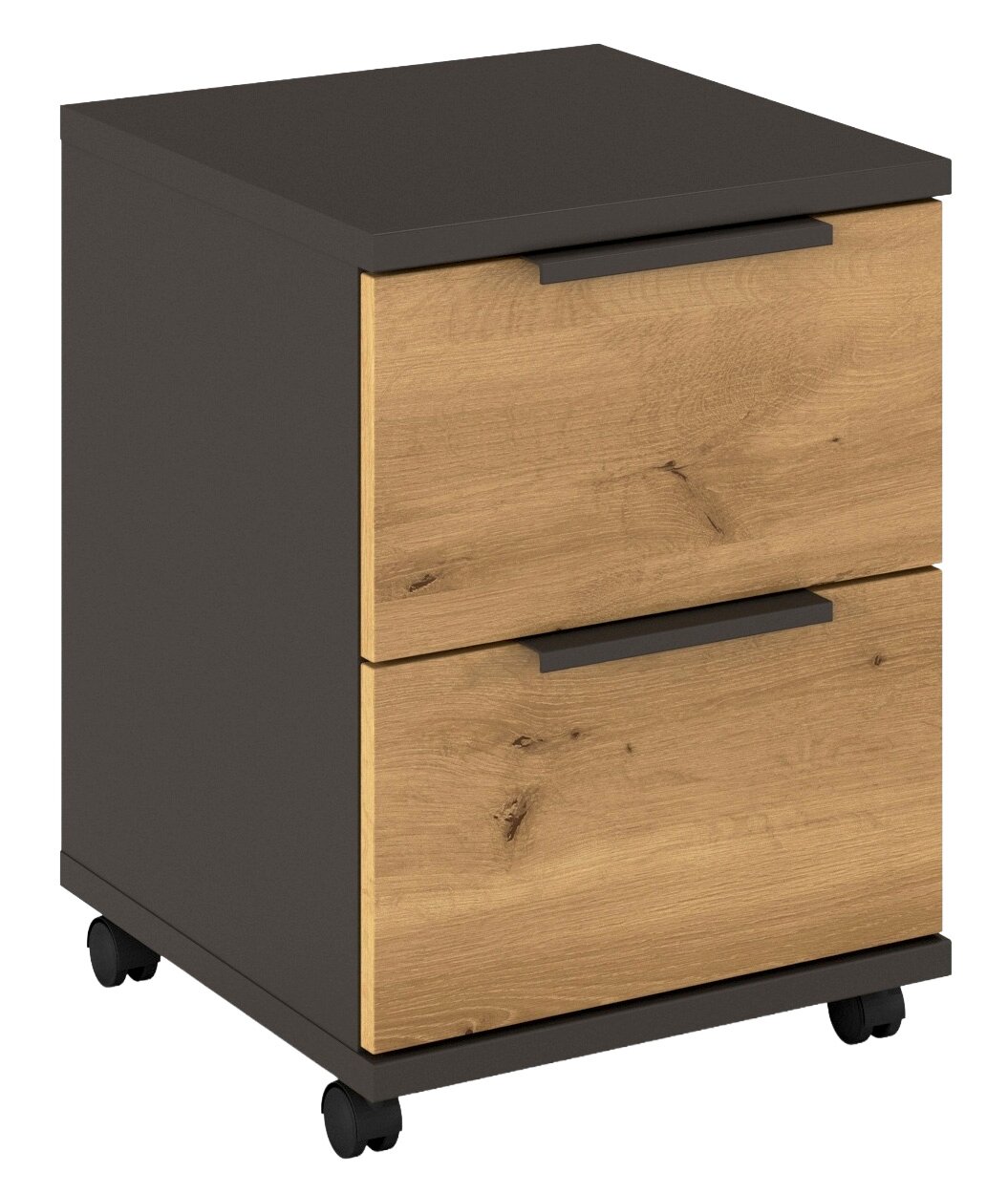 XORA Rolcontainer ENDORA-F Rolcontainer met twee lades in houtlook en een donker frame, op wieltjes, perspectivisch aanzicht van linksvoor