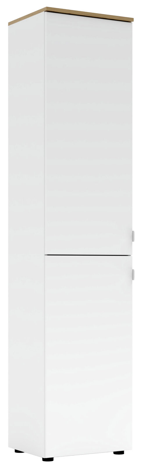 Hoher weißer Büroschrank mit Holzakzent oben, frontal betrachtet