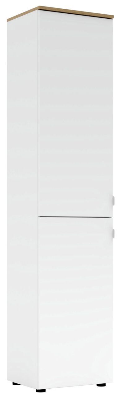 Hoher weißer Büroschrank mit Holzakzent oben, frontal betrachtet