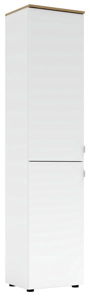 Hoher weißer Büroschrank mit Holzakzent oben, frontal betrachtet