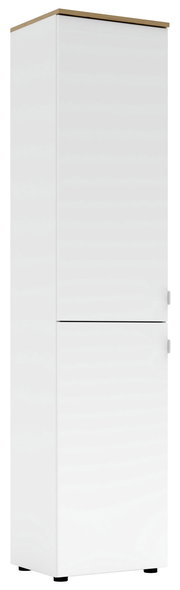 Hoher weißer Büroschrank mit Holzakzent oben, frontal betrachtet
