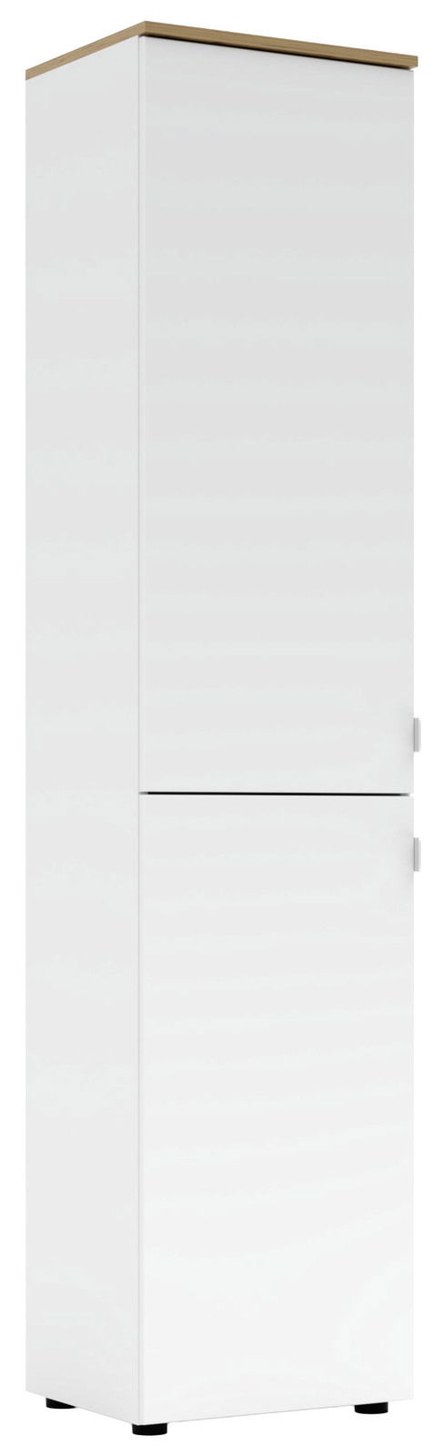 Hoher weißer Büroschrank mit Holzakzent oben, frontal betrachtet