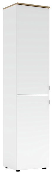 Hoher weißer Büroschrank mit Holzakzent oben, frontal betrachtet
