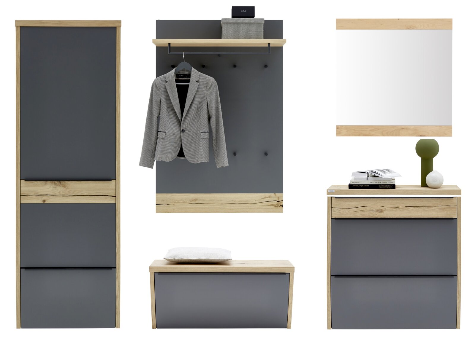 Moderne Garderobenmöbel in Anthrazit und Eiche: hoher Schrank, Wandpaneel mit Ablage und Haken sowie Sitzbank und Kommode mit Spiegel, jeweils in Frontalansicht.