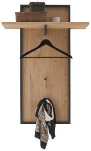 Garderobenpaneel aus Holz mit schwarzem Metallrahmen, Kleiderbügel und Ablage, Frontalansicht