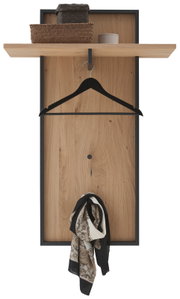 Garderobenpaneel aus Holz mit schwarzem Metallrahmen, Kleiderbügel und Ablage, Frontalansicht