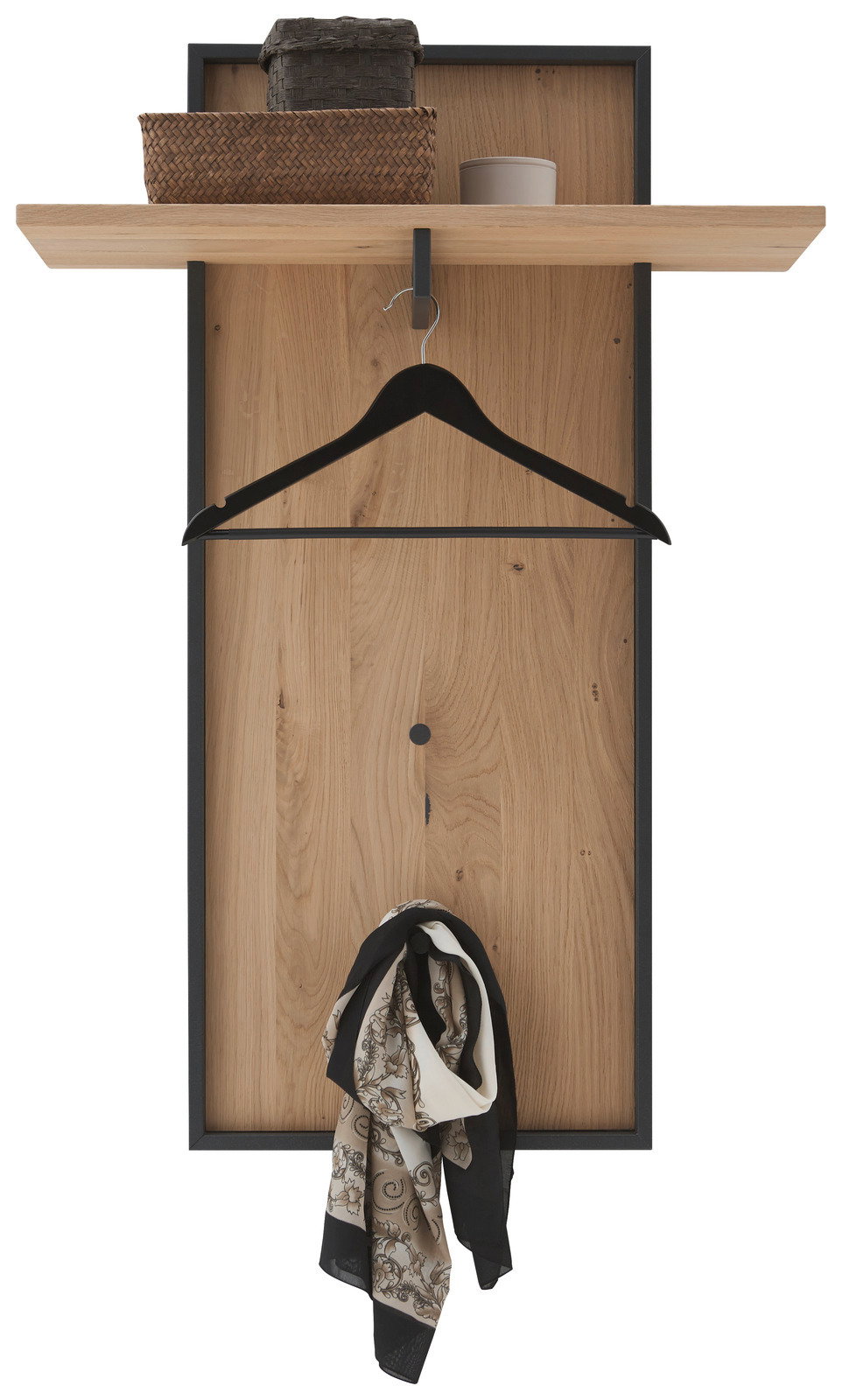 Garderobenpaneel aus Holz mit schwarzem Metallrahmen, Kleiderbügel und Ablage, Frontalansicht