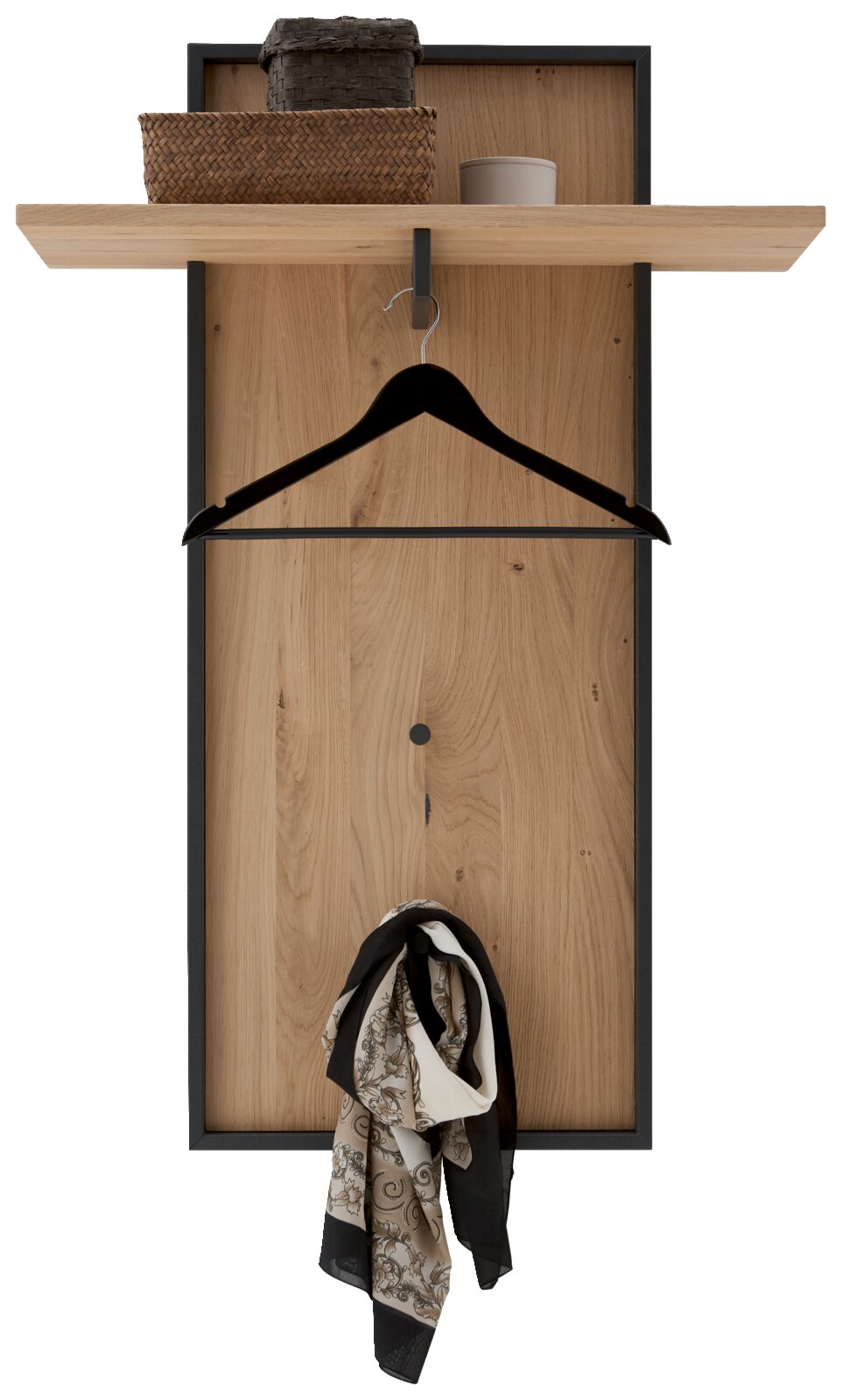 Garderobenpaneel aus Holz mit schwarzem Metallrahmen, Kleiderbügel und Ablage, Frontalansicht