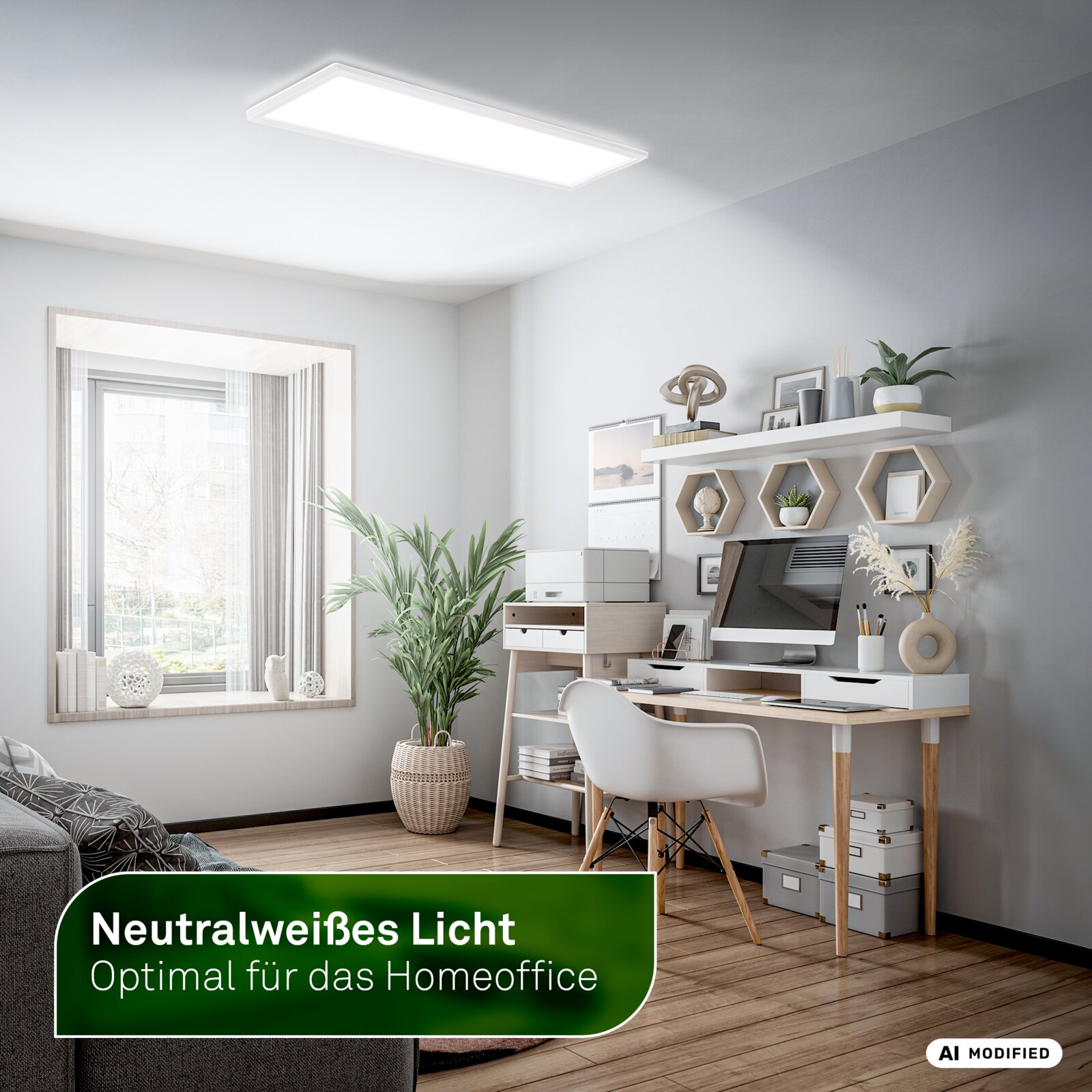 Briloner LED-Paneel TAVA A Rechteckige weiße LED-Deckenleuchte mit neutralweißem Licht in einem modernen Homeoffice, aus schräger Untersicht dargestellt