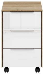 Rollcontainer mit drei weißen Schubladen und Holzoberfläche, frontal abgebildet.