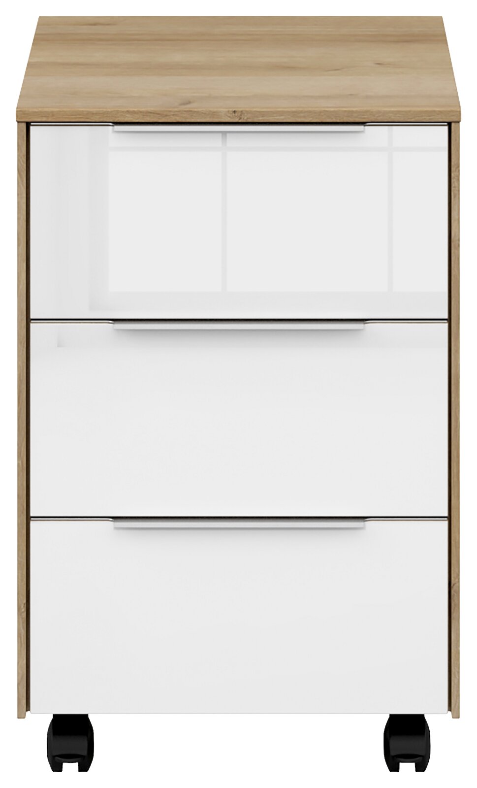 Rollcontainer mit drei weißen Schubladen und Holzoberfläche, frontal abgebildet.