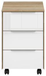 Rollcontainer mit drei weißen Schubladen und Holzoberfläche, frontal abgebildet.