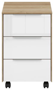 Rollcontainer mit drei weißen Schubladen und Holzoberfläche, frontal abgebildet.