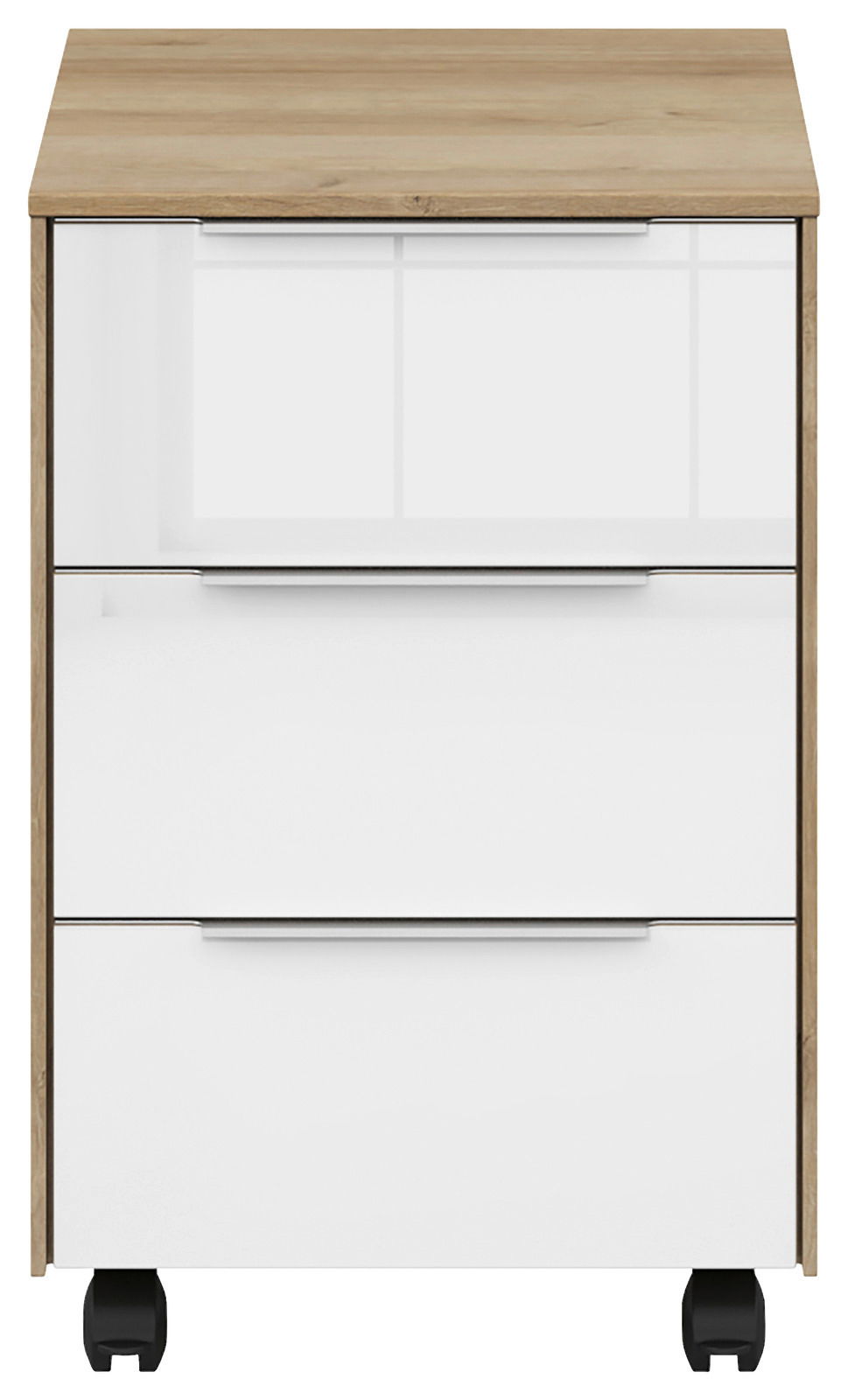 Rollcontainer mit drei weißen Schubladen und Holzoberfläche, frontal abgebildet.